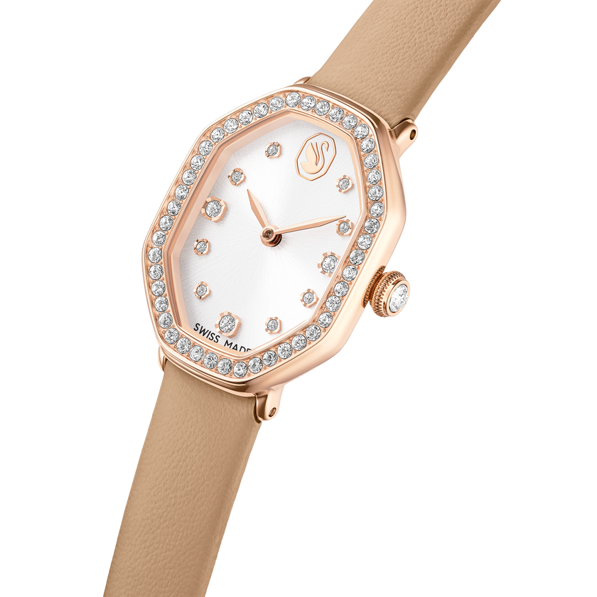 swarovski dextera octagon watch  swiss made  leather strap  brown  rose gold tone finish