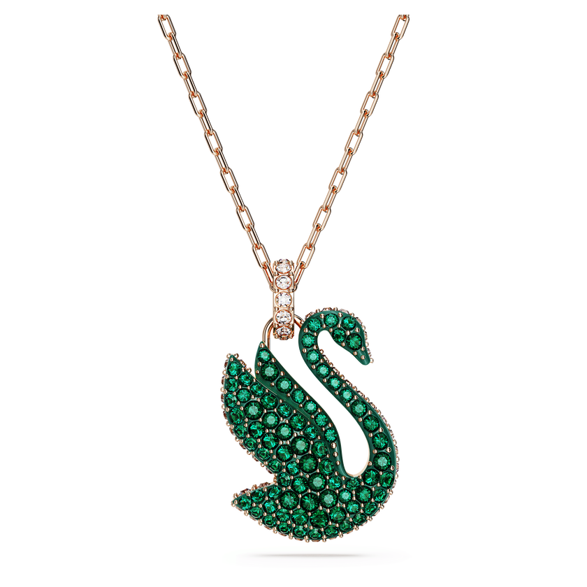 swarovski swan pendant  swan  medium  green  rose gold tone plated