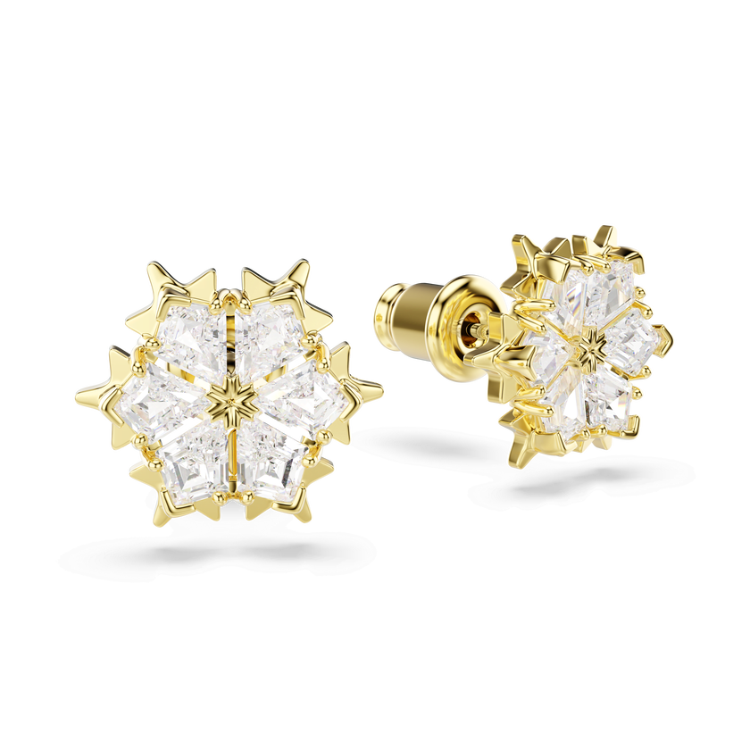 swarovski magic stud earrings  mixed cuts  snowflake  white  18k gold finish