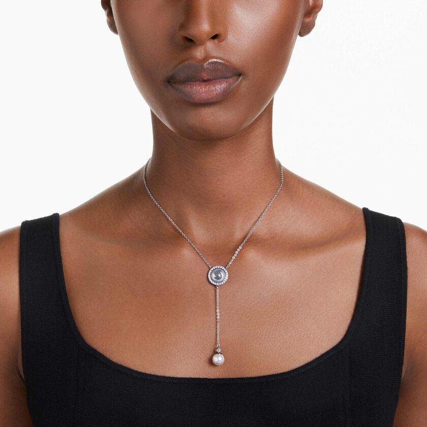 swarovski swan y pendant  crystal pearl  swan  gray  rhodium plated