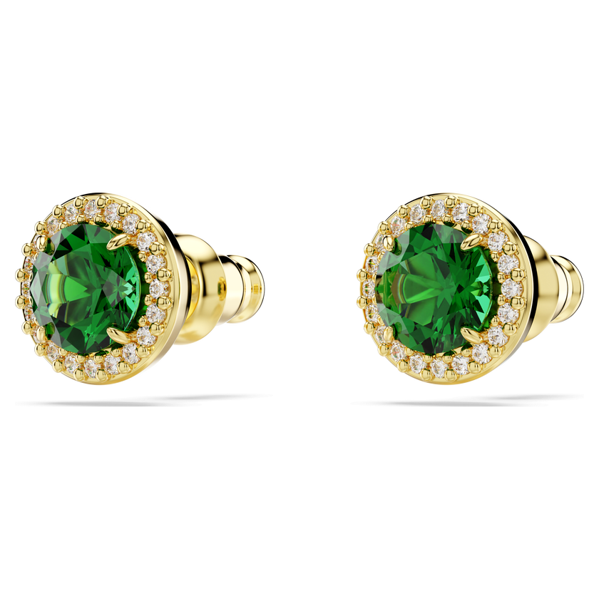 swarovski una stud earrings  round cut  pav   green  gold tone plated