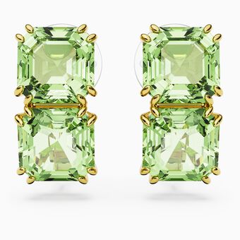 Millenia clip earrings, Square cut, Green, Gold-tone plated