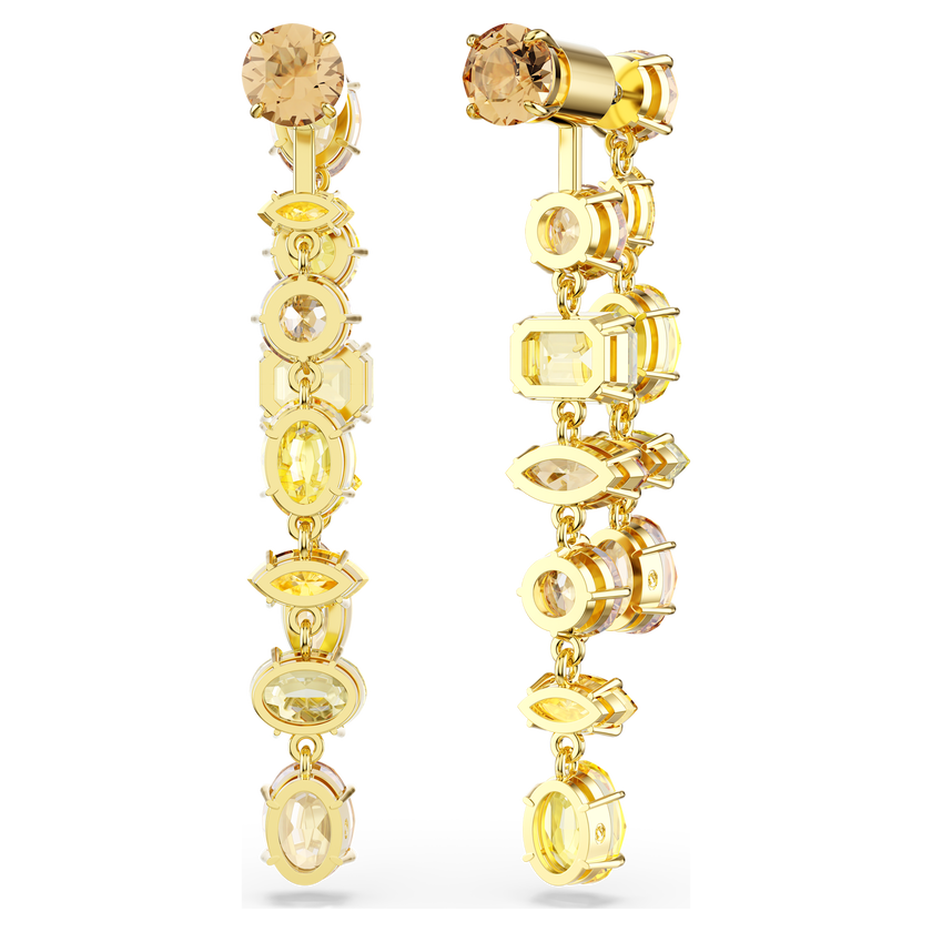 swarovski gema drop earrings  asymmetrical design  mixed cuts  long  yellow  gold tone plated