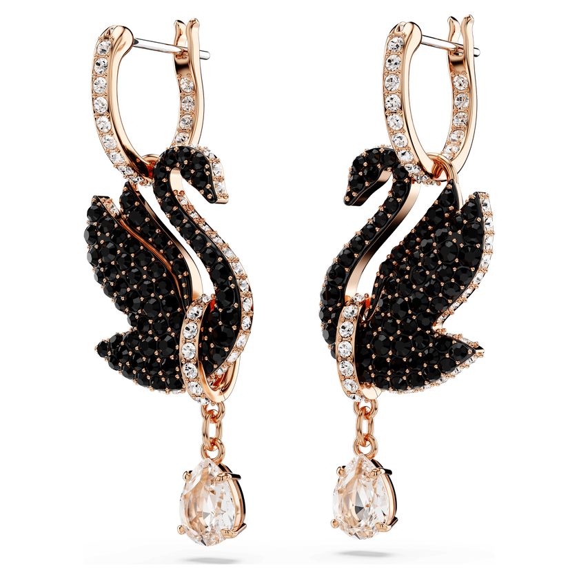 swarovski swan drop earrings  swan  black  rose gold tone plated
