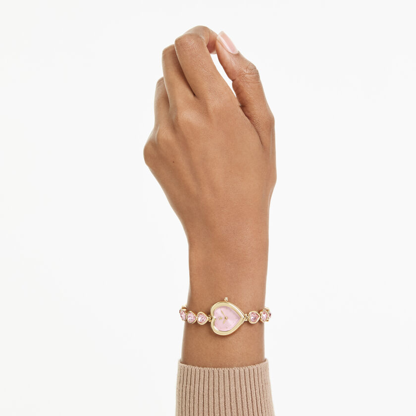 swarovski ساعة idyllia على شكل قلب، سوار كريستال، لون وردي، لمسة نهائية بلون ذهبي