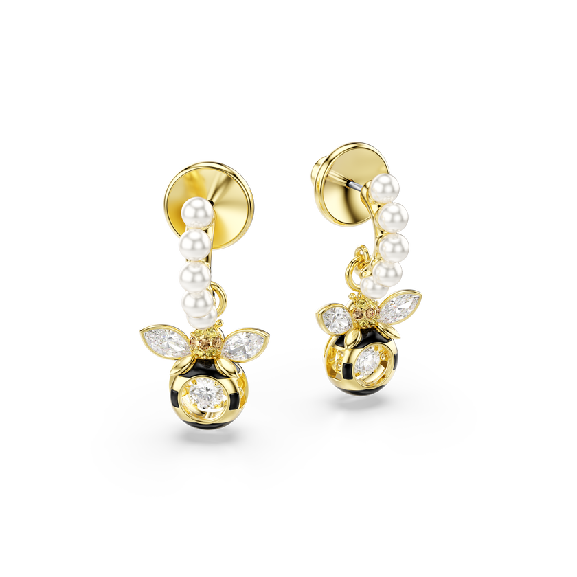 swarovski idyllia drop earrings  crystal pearl  mixed cuts  bee  multicolored  18k gold finish