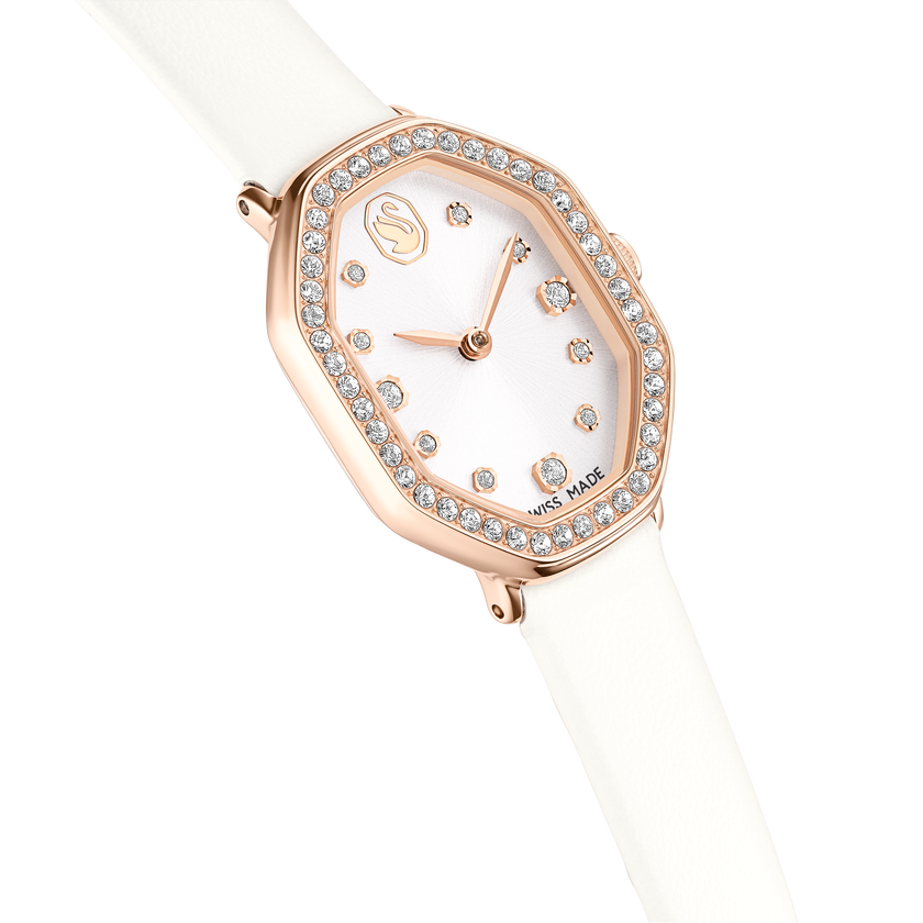 swarovski ساعة dextera octagon، صناعة سويسرية، سوار جلد، لون أبيض، لمسة نهائية بلون ذهبي وردي
