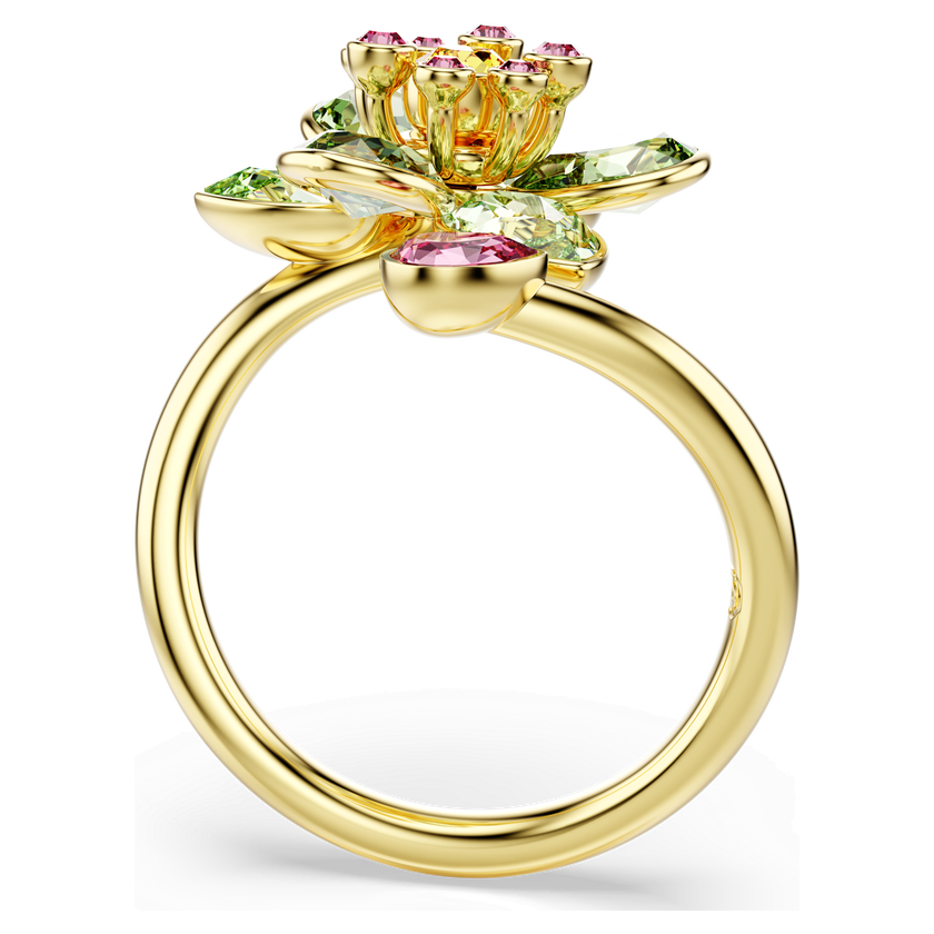 swarovski idyllia open ring  mixed cuts  flower  green  gold tone plated