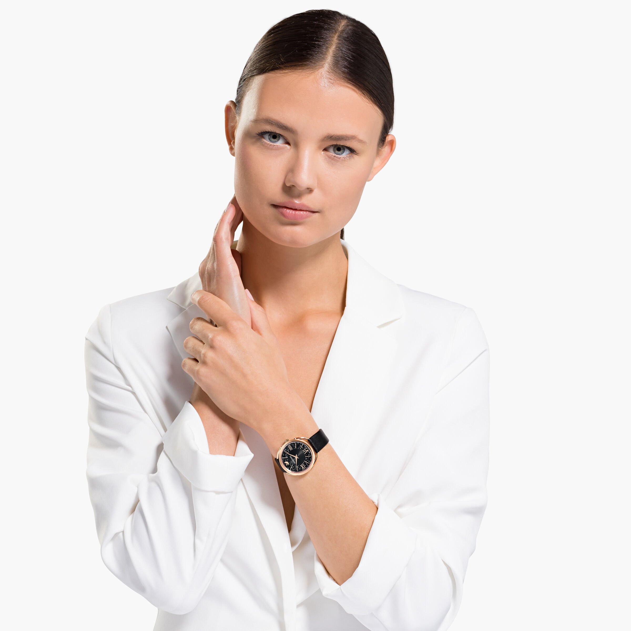 Buy Swarovski Crystalline Glam Watch Leather Strap Black Rose gold tone
