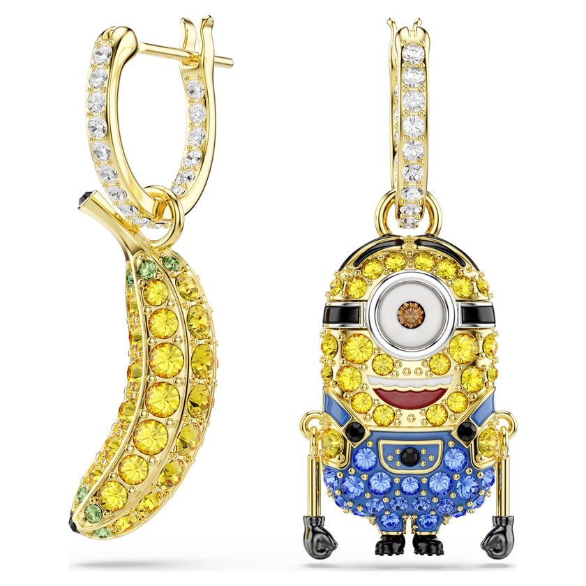 swarovski minions stuart and banana drop earrings  pav   mini  multicolored  18k gold finish
