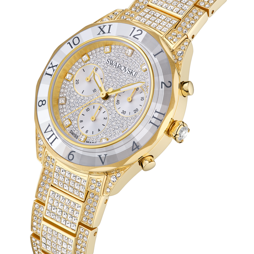 swarovski dextera lux watch  swiss made  metal bracelet  gold tone  gold tone finish