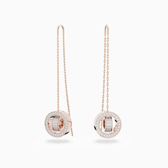 Hollow drop earrings, Long, White, Rose-gold tone plated