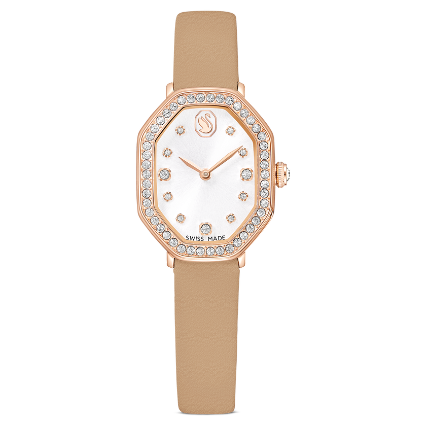 swarovski dextera octagon watch  swiss made  leather strap  brown  rose gold tone finish