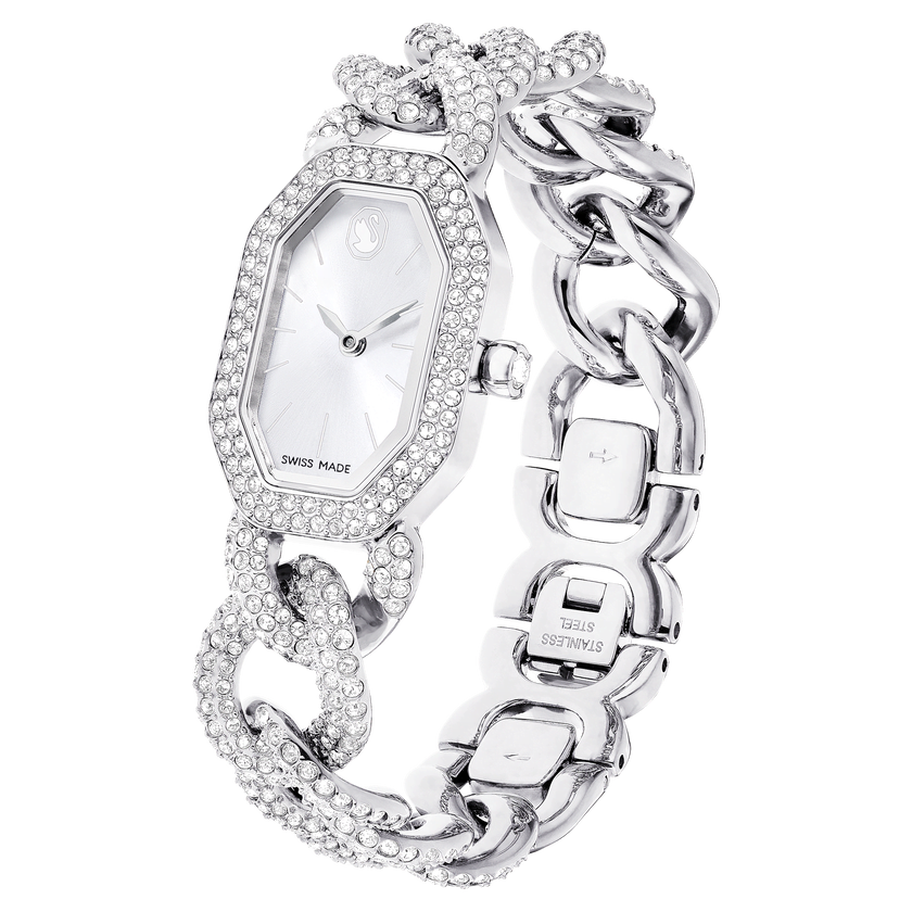 swarovski dextera chain watch  swiss made  crystal bracelet  silver tone  stainless steel