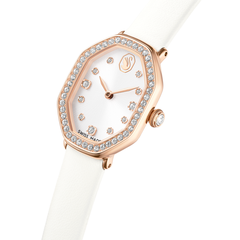 swarovski ساعة dextera octagon، صناعة سويسرية، سوار جلد، لون أبيض، لمسة نهائية بلون ذهبي وردي