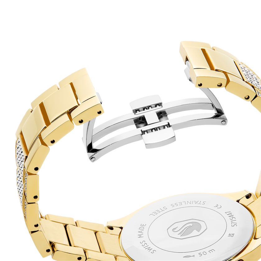 swarovski dextera lux watch  swiss made  metal bracelet  gold tone  gold tone finish