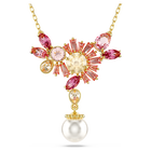 Gema pendant, Mixed cuts, Crystal pearl, Flower, Pink, Gold-tone plated