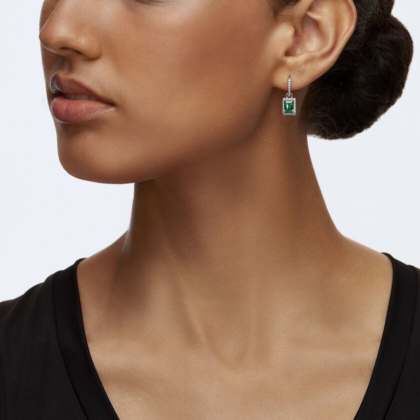 swarovski una angelic drop earrings  rectangular cut  pav   green  rhodium plated