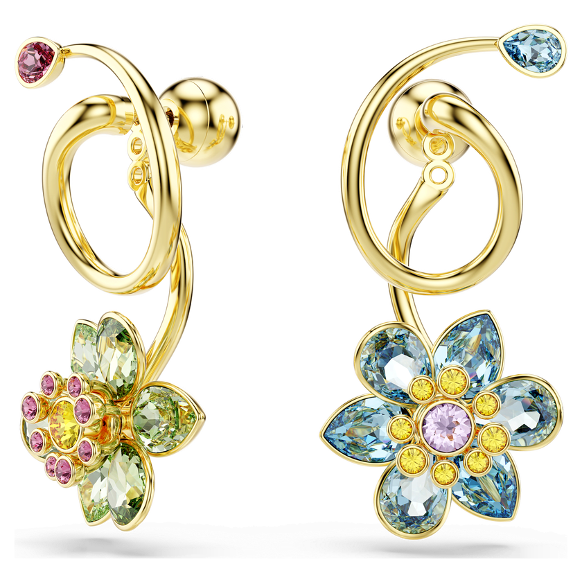 swarovski idyllia drop earrings  asymmetrical design  mixed cuts  flower  multicolored  gold tone plated