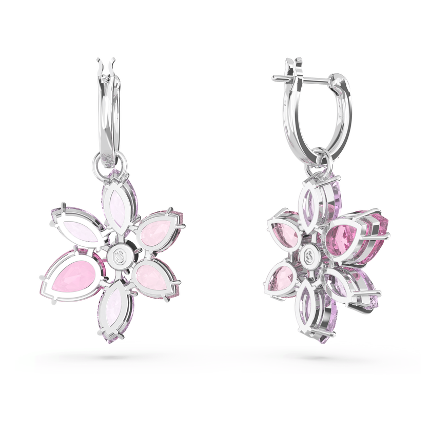 swarovski gema drop earrings  mixed cuts  flower  pink  rhodium plated