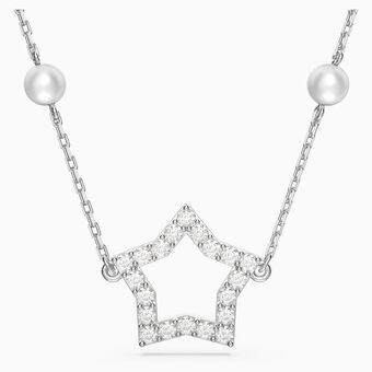 Stella necklace, Crystal pearls, Star, White, Rhodium plated