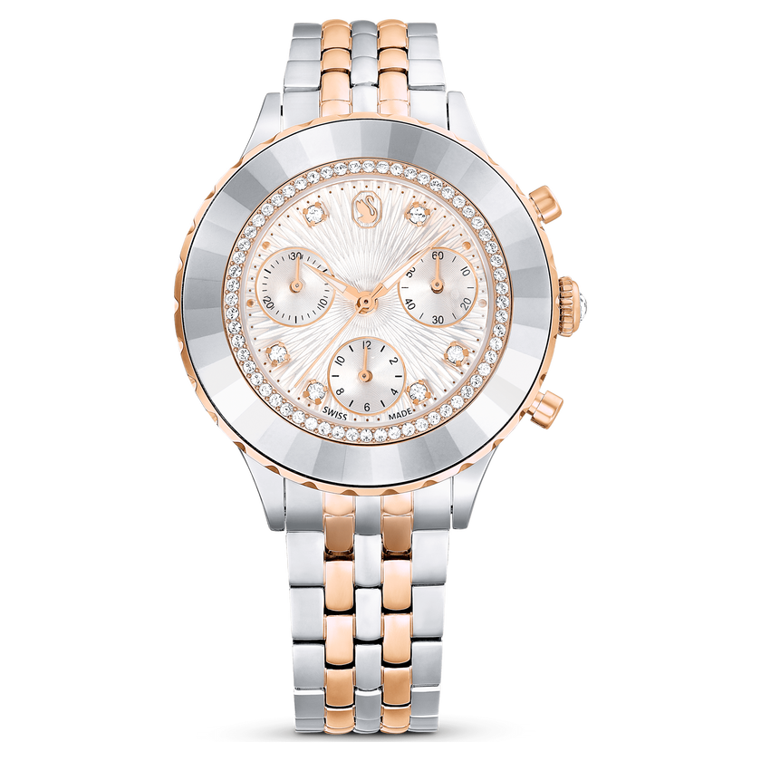 swarovski octea chrono watch  swiss made  metal bracelet  rose gold tone  mixed metal finish