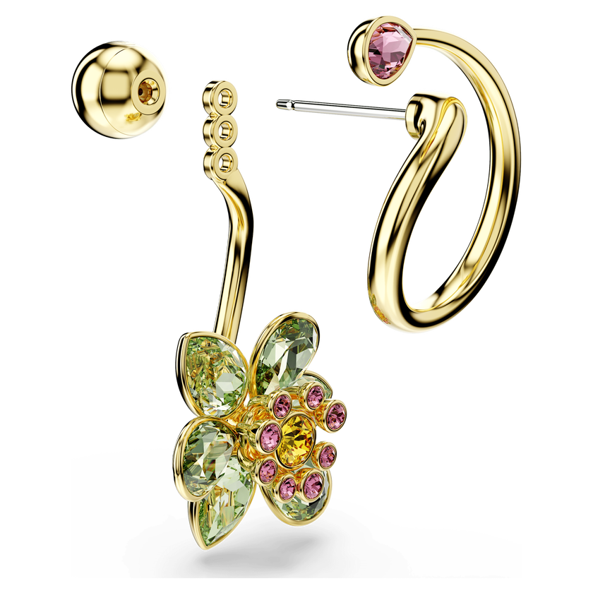 swarovski idyllia drop earrings  asymmetrical design  mixed cuts  flower  multicolored  gold tone plated