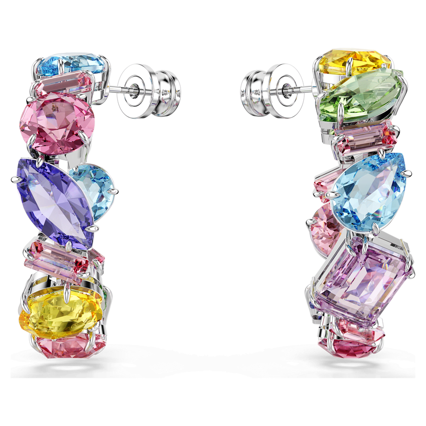swarovski أقراط حلقية gema، تصميم غير متماثل، قطع متنوع، طويلة، حجم صغير، ألوان متعددة، طلاء روديوم