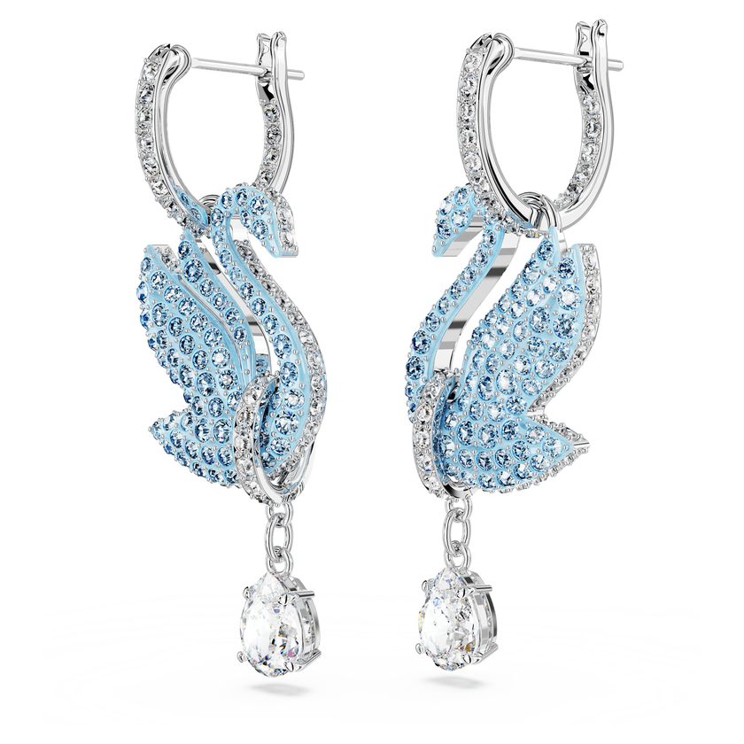 swarovski أقراط متدلية swan، على شكل بجعة، لون أزرق، طلاء روديوم