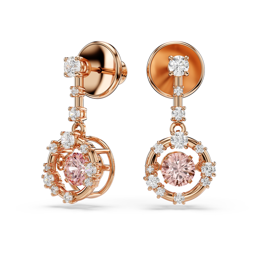 swarovski constella drop earrings  round cut  dancing stone  pink  rose gold tone plated