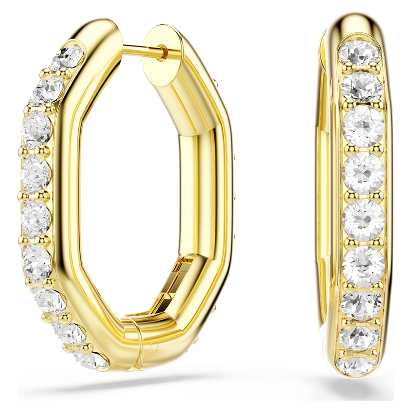 swarovski dextera hoop earrings  octagon shape  round cut  white  gold tone plated