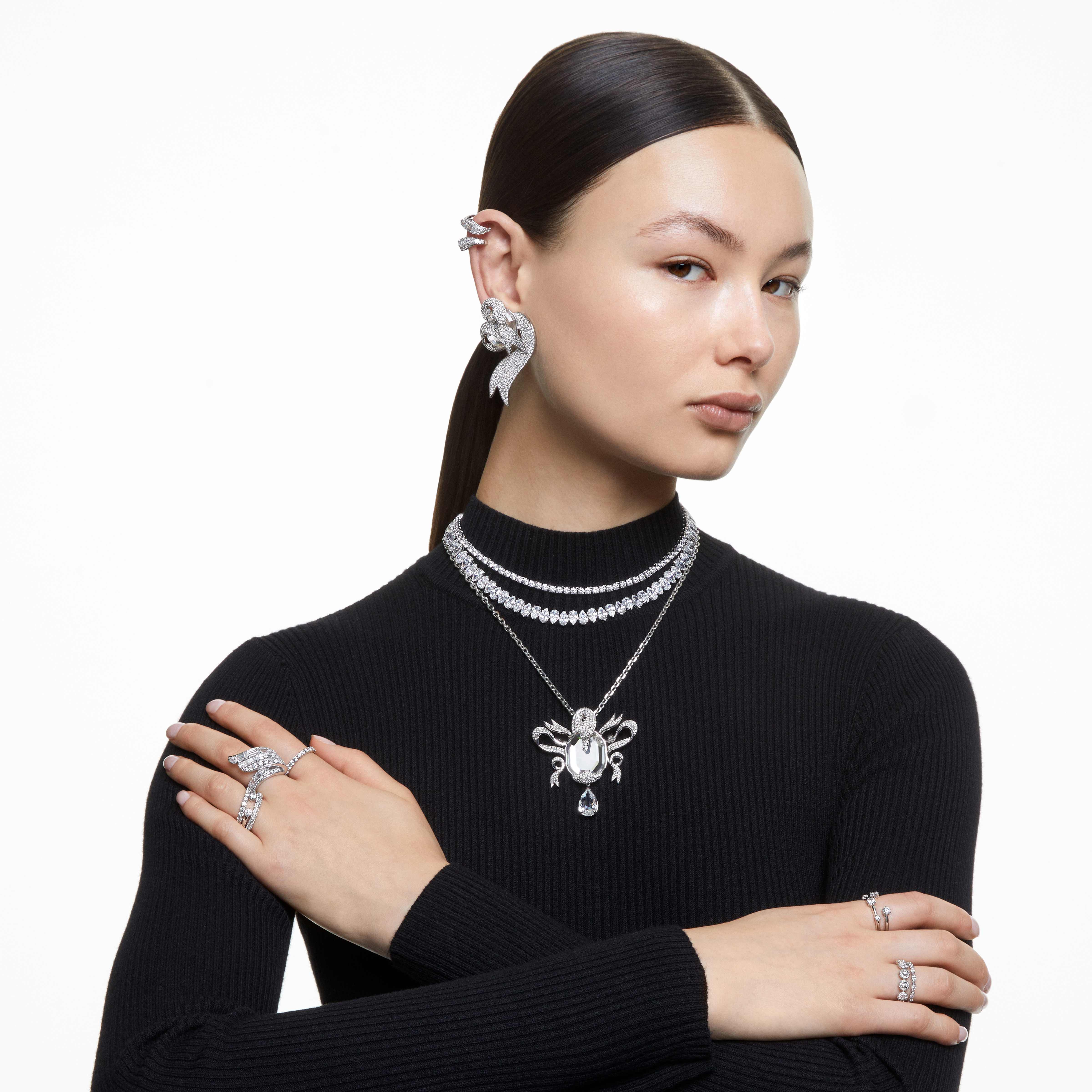 swarovski خاتم stone صغير، لون أبيض، طلاء روديوم