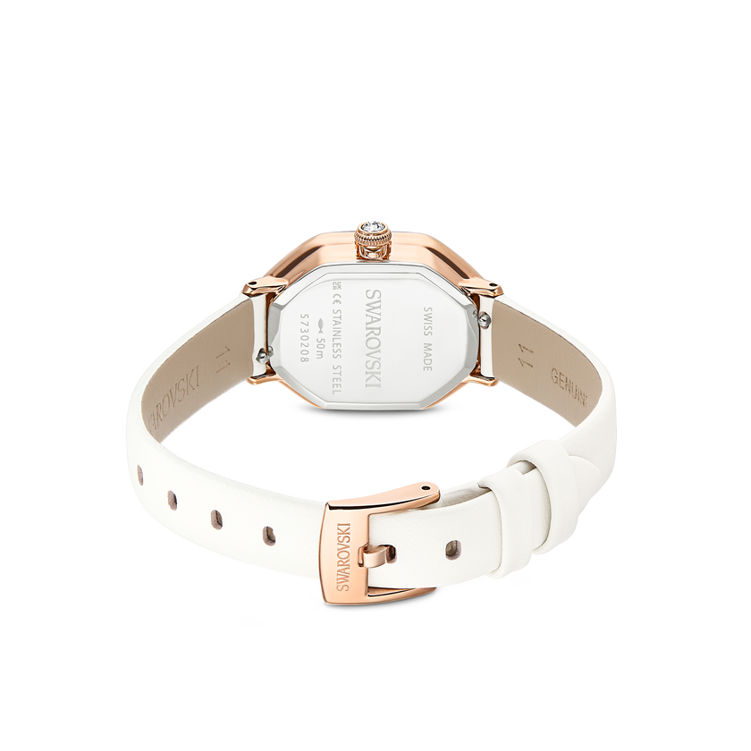 swarovski ساعة dextera octagon، صناعة سويسرية، سوار جلد، لون أبيض، لمسة نهائية بلون ذهبي وردي