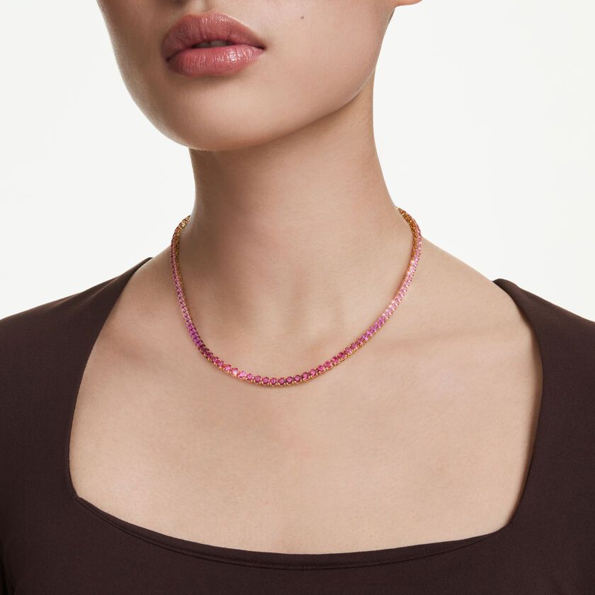 swarovski matrix tennis necklace  round cut  pink  18k gold finish