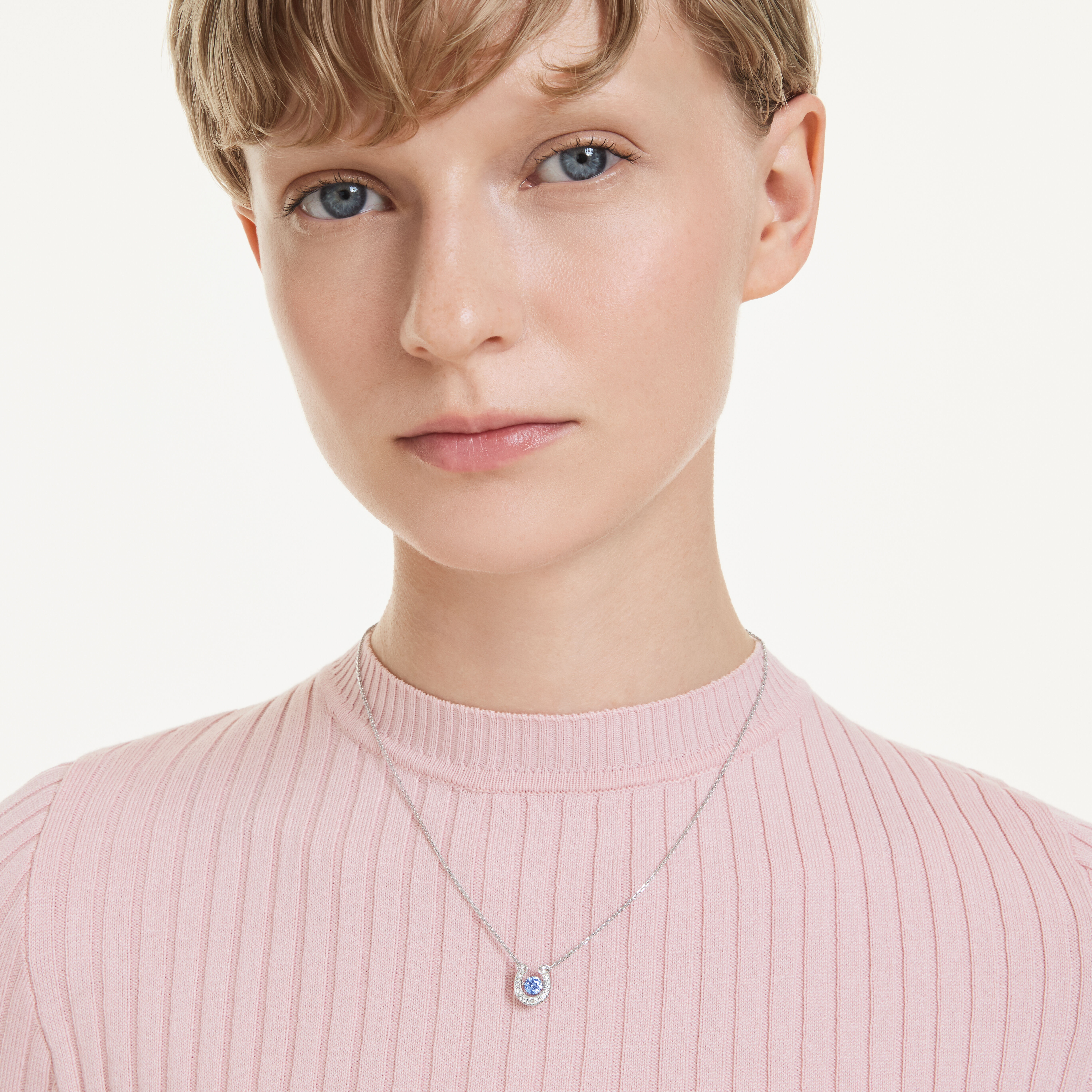 swarovski symbolica pendant  round cut  pav   horse shoe  blue  rhodium plated