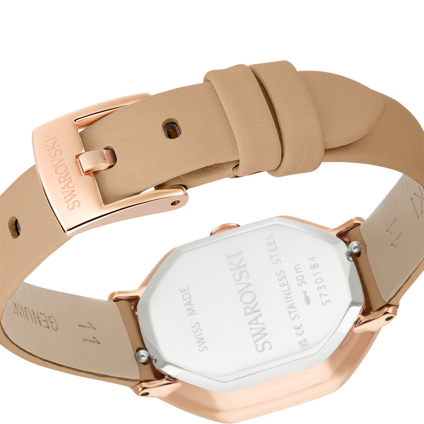swarovski dextera octagon watch  swiss made  leather strap  brown  rose gold tone finish