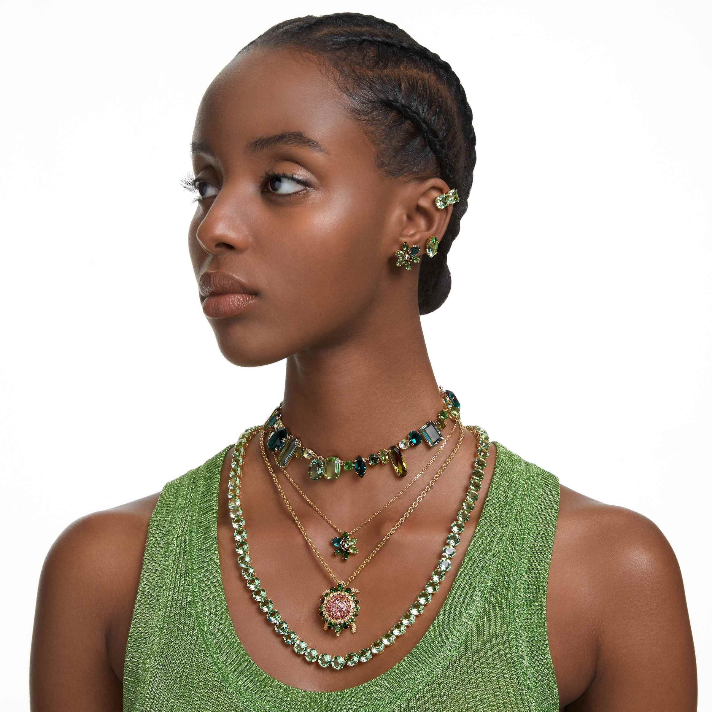 swarovski millenia clip earrings  square cut  green  gold tone plated