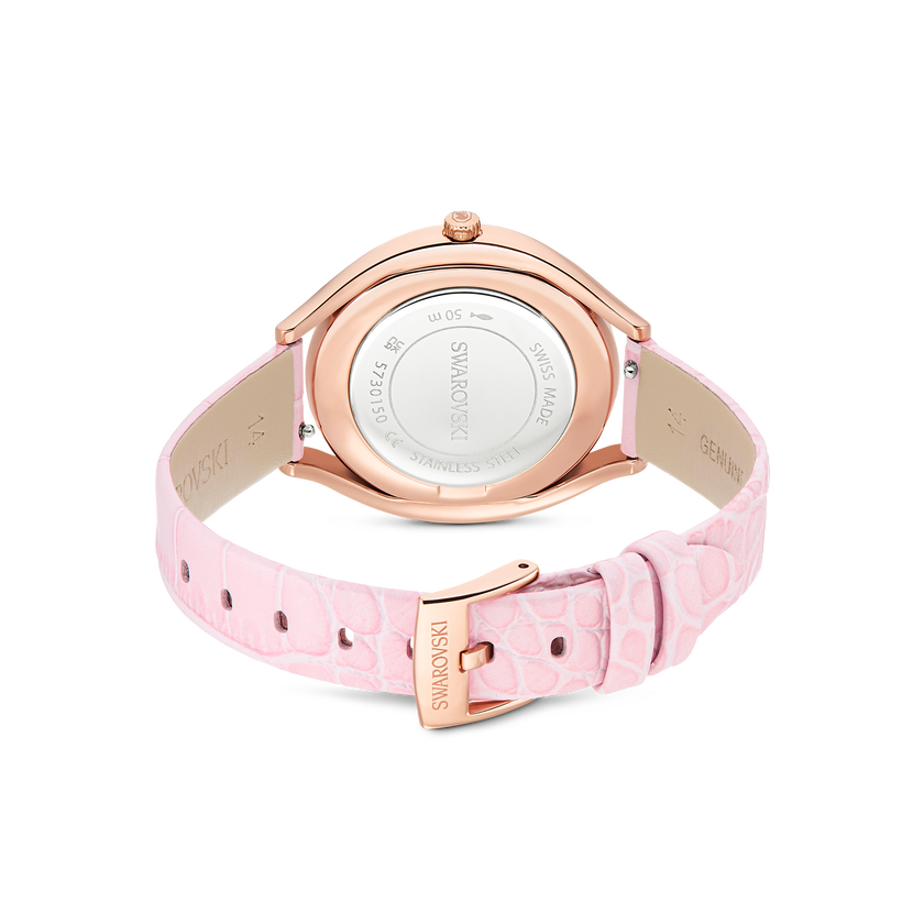 swarovski crystalline aura watch  swiss made  leather strap  pink  rose gold tone finish