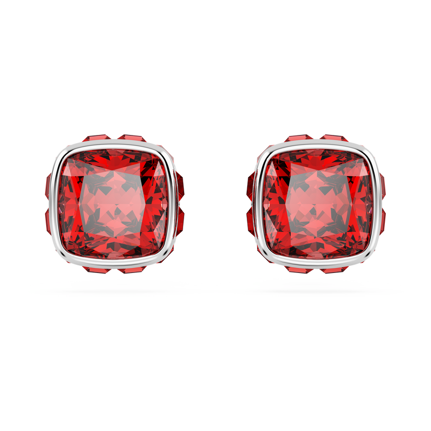 swarovski birthstone stud earrings  square cut  july  red  rhodium plated