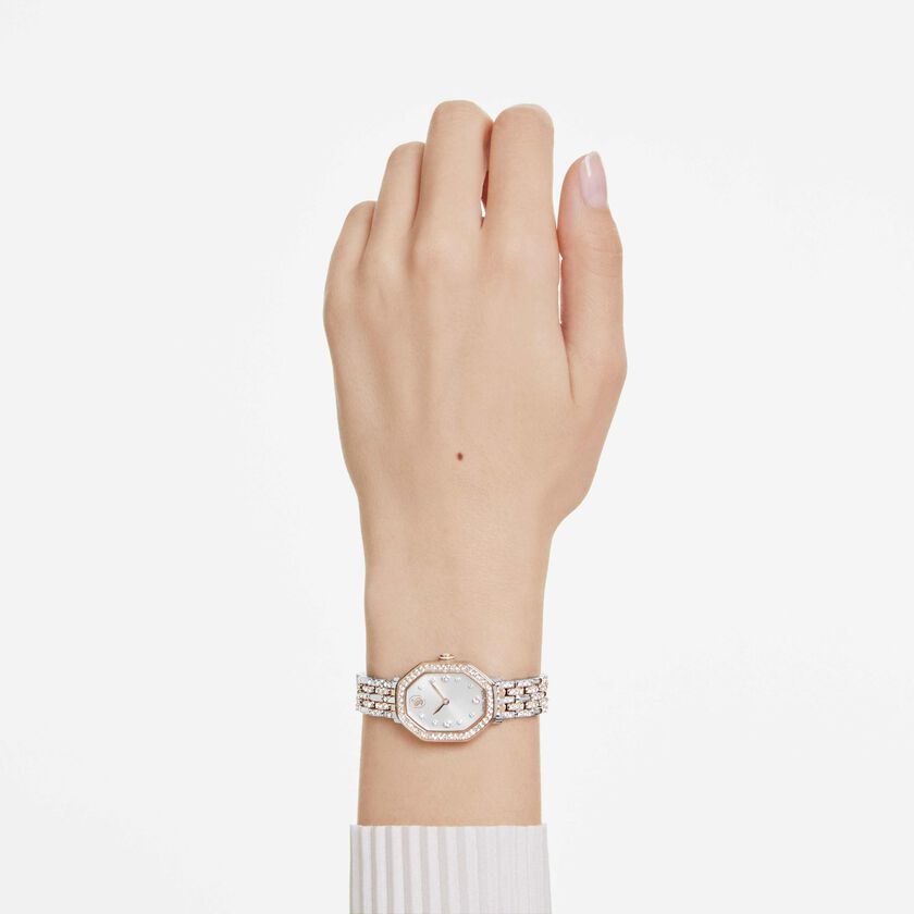 swarovski ساعة dextera octagon، صناعة سويسرية، سوار معدني، لون فضي، لمسة نهائية بلون ذهبي وردي