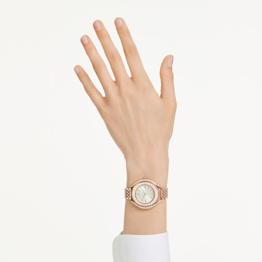 swarovski ساعة crystalline aura، صناعة سويسرية، سوار معدني، لون ذهبي وردي، لمسة نهائية بلون ذهبي وردي