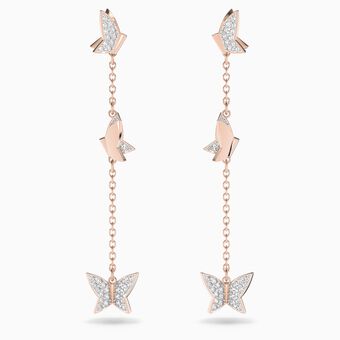 Lilia drop earrings, Butterfly, Long, White, Rose-gold tone plated