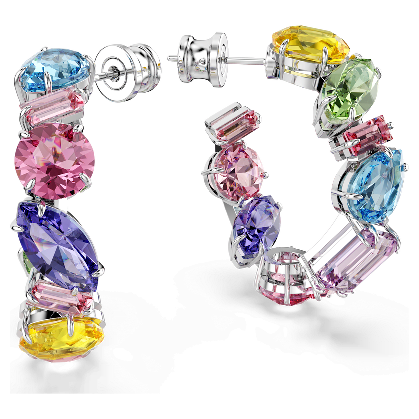 swarovski أقراط حلقية gema، تصميم غير متماثل، قطع متنوع، طويلة، حجم صغير، ألوان متعددة، طلاء روديوم