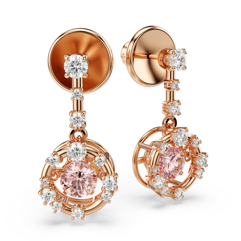 swarovski constella drop earrings  round cut  dancing stone  pink  rose gold tone plated