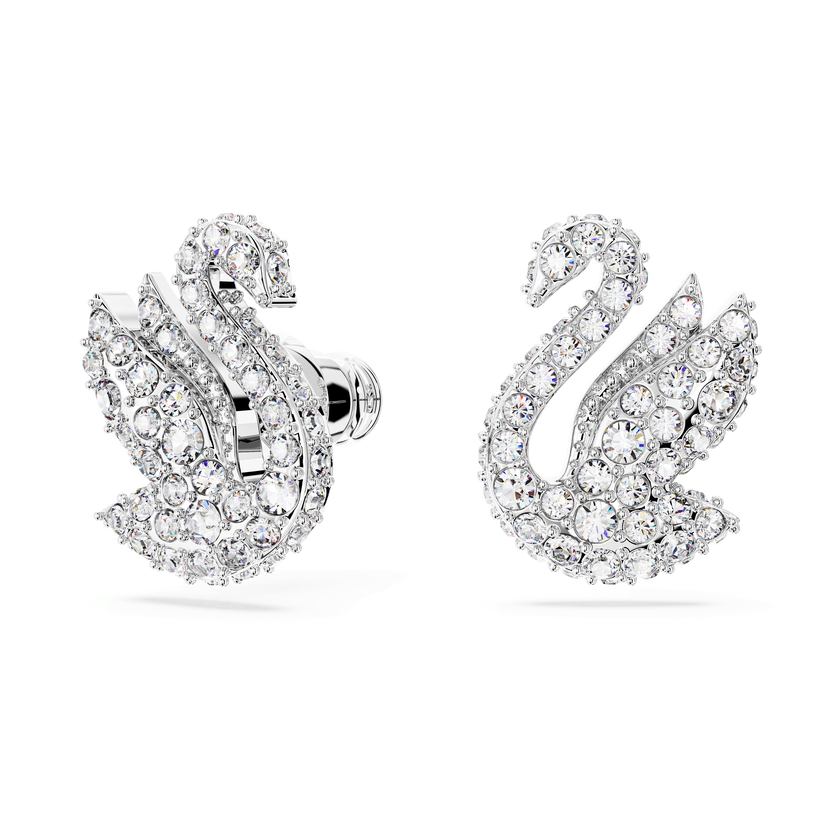 swarovski أقراط دبوسية swan، على شكل بجعة، لون أبيض، طلاء روديوم