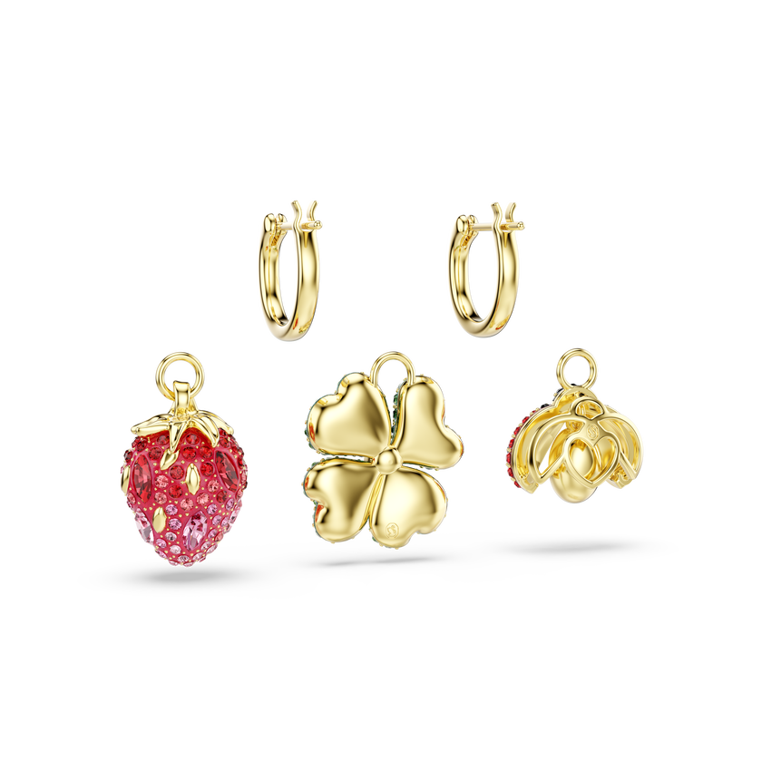 swarovski idyllia drop earrings  set  3   ladybug  clover  strawberry  multicolored  18k gold finish