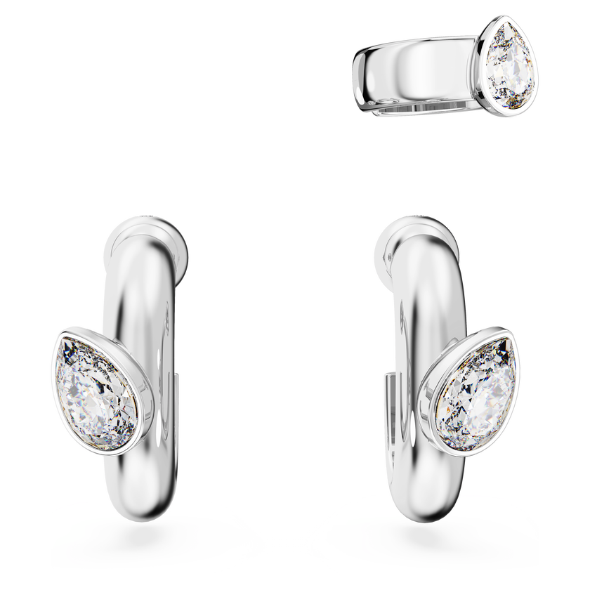 swarovski dextera hoop earrings with ear cuff  set  3   pear cut  white  rhodium plated