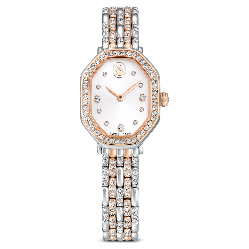 swarovski ساعة dextera octagon، صناعة سويسرية، سوار معدني، لون فضي، لمسة نهائية بلون ذهبي وردي