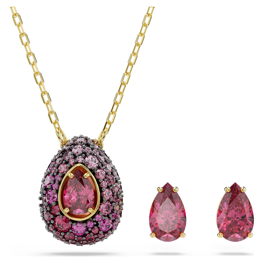 swarovski طقم sublima، طقم من قطعتين، قطع على شكل كمثرى، لون أحمر، لمسة نهائية من الذهب عيار 18 قيراط