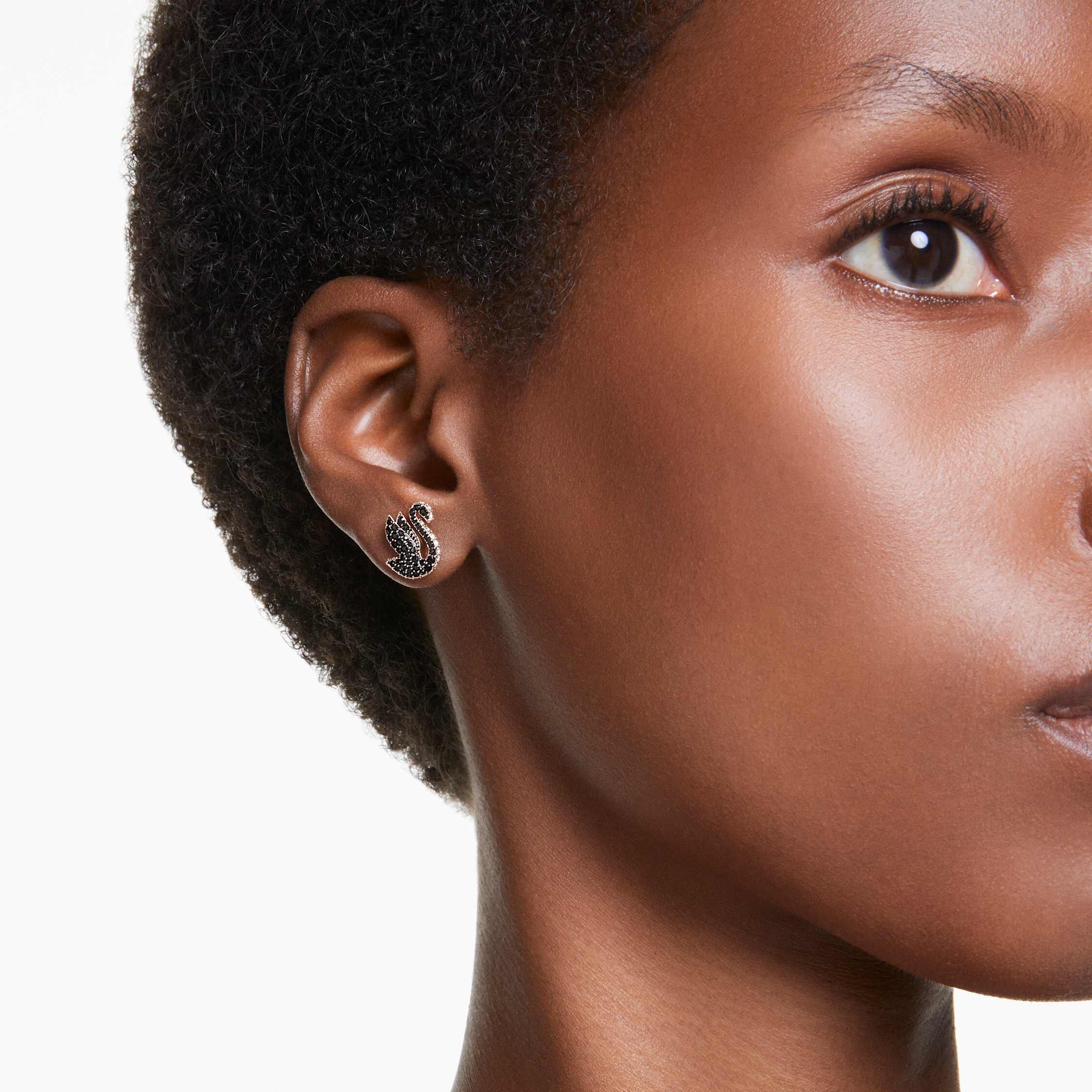 swarovski swan stud earrings  crystal pearl  swan  black  rose gold tone plated